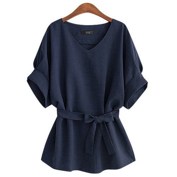 Outfmvch Linen Blouse V Neck Blouses Cotton Dress Shirt V Neck Button Tunic Tshirt Casual Tunic Tops V Neck Embroidered Shirt Collared Roll Up Navy L