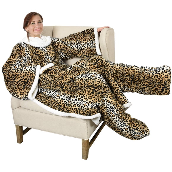 Catalonia Couverture Portable en Sherpa avec Manches et Poches pour les Pieds pour Femmes et Hommes Adultes, Douillette, Enveloppante, à Manches, Jeté, Peignoir, Idée Cadeau, Guépard