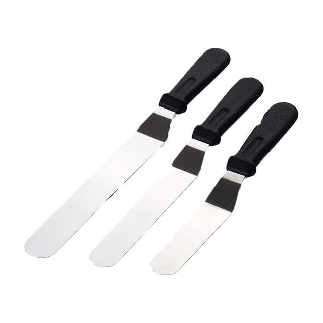 Hearth & Gear Angled Stainless Steel Icing Spatula 3 Pack with 6-inch, 8-inch, and 10-inch sizes. Each spatula features a black ergonomic handle for comfort and control, with angled stainless steel blades for precise icing and decorating. Suitable for cakes, cookies, cupcakes, and spreading fillings or sauces. A versatile baking tool for home kitchens.