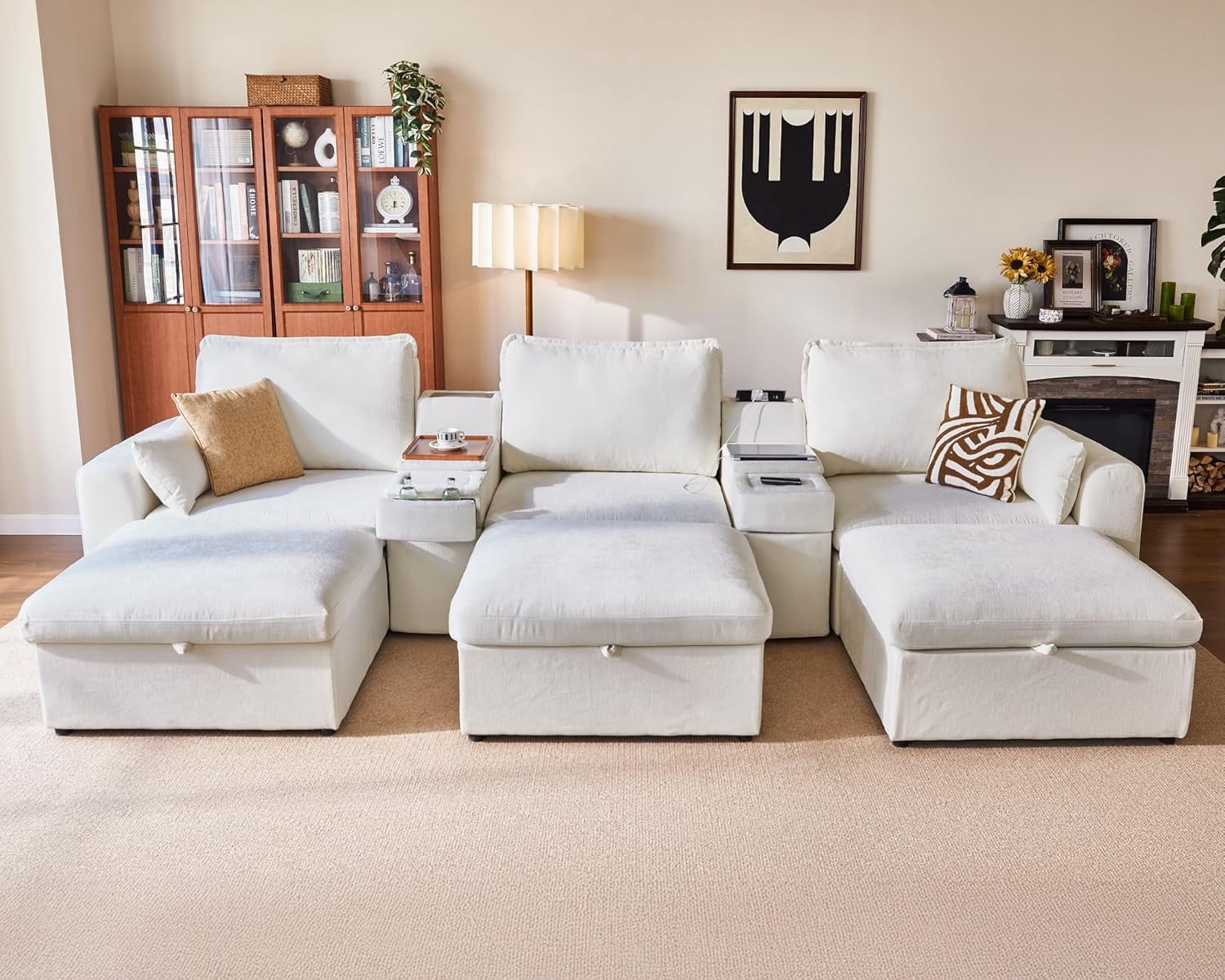 BEDEEP Canapé Sectionnel Modulaire de 152,4 Po avec Console et Station de Recharge, Canapé Nuage en Chenille en Forme de U avec Pouf de Rangement, Canapé Profond Convertible 6 Places avec Méridienne pour Salon, Blanc