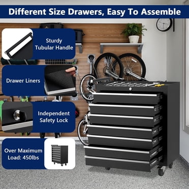 Kojooin Rolling Tool Chest, 4-Drawers Metal Tool Box Organizer w/Auto Locking System & Lockable Wheels, Sliding Drawers, Detachable Top, Tool Storage Cabinet for Garage Workshop, Black