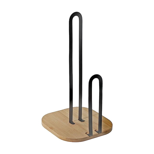 Metal Paper Towel Holder With Bamoo Bottom featuring a square bamboo base and two vertical black metal rods of different heights, designed for kitchen countertop use and as a functional counter organizer.
