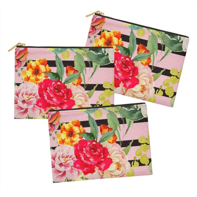 Soimoi Pink polyester Crepe Fabric Stripe & Grandiflora Roses Floral Print Fabric by Yard 52 Inch Wide