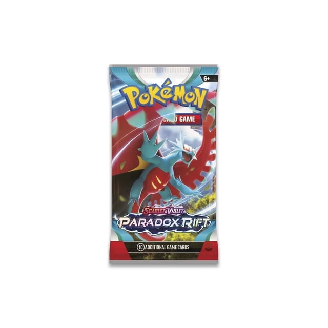 POKEMON PARADOX RIFT BOOSTER Pack (x1) featuring artwork of Roaring Moon ex from the Scarlet & Violet—Paradox Rift expansion. The multicolour pack includes 10 trading cards and 1 Basic Energy, suitable for ages 6 and up.