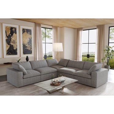 Sodrens Canapé Sectionnel Convertible Libre Canapé Modulaire, Canapé d'Angle Moderne en Tissu de Lin pour Salon, Appartement et Petit Espace, Canapé 5 Places, Gris Pâle