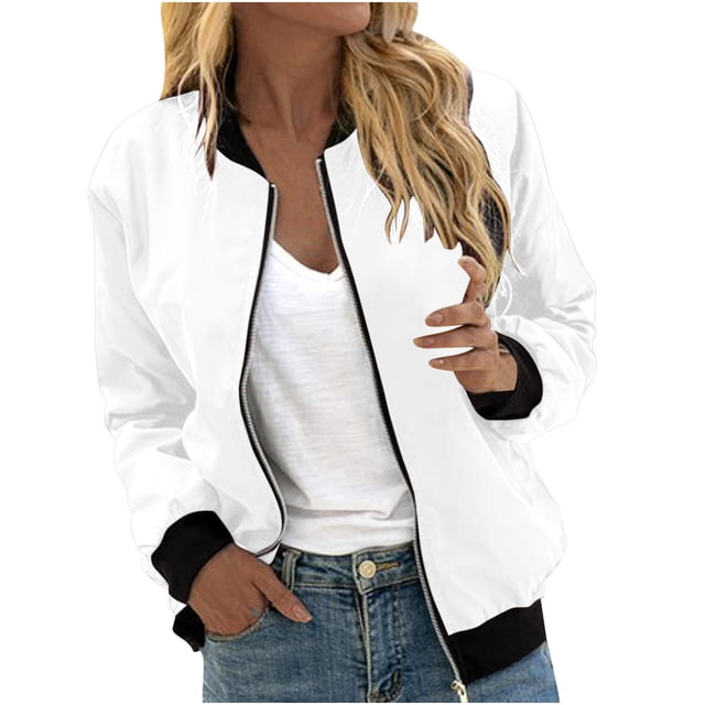 Womens Fashion Jacket Casual Stand Collar Zip Up Lightweight Coat Fall Color Block Jackets with Pockets White S
