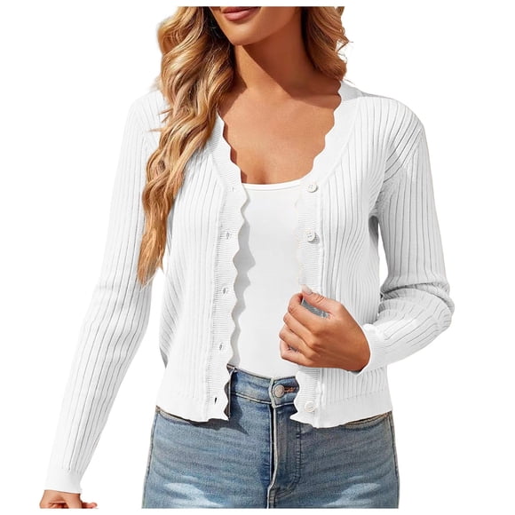 Aocisk Cropped Cardigan for Women Long Sleeve Lightweight Button Down Sweaters V Neck for Stylish and Comfortable Fit White L