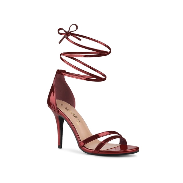 BLISSFUL STEP Lace Up Open Toe Stiletto Heeled Sandals for Women Maroon 7