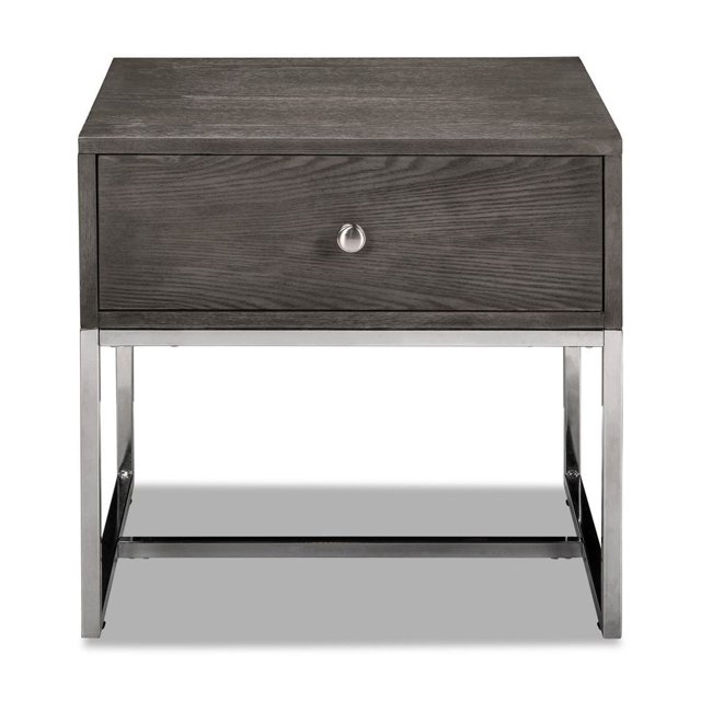 Topline Home Furnishings Table d'Appoint Grise avec Tiroir, Fini Placage Chêne Gris, avec un Seul Tiroir, des Glissières à Roulements à Billes et un Bouton Rond Chromé, Supporté par des Pieds Chromés dans un Cadre Rectangulaire, Mesurant 24 Pouces L x 22 Pouces P x 24 Pouces H, Convient au Salon et à une Table d'Appoint, Assemblage Requis.