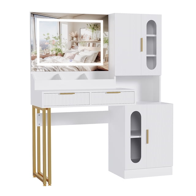 GloryStar Coiffeuse de 45 Pouces avec Design Cannelé, Miroir Éclairé avec 3 Réglages de Couleur, Grand Rangement d'Armoire et de Tiroir, Station de Recharge