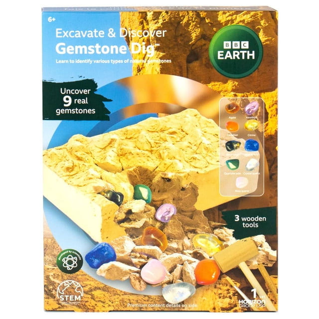 BBC Earth Excavate & Discover Gemstone Dig avec un Bloc de Fouille beige Contenant 9 Véritables Pierres Précieuses, Dont Améthyste, citrine et quartz rose, Affichées sur une Plaque Bleue avec Trois Outils d'Excavation en Bois, Convient à l'Apprentissage de la Géologie STIM pour 6 Ans et Plus.
