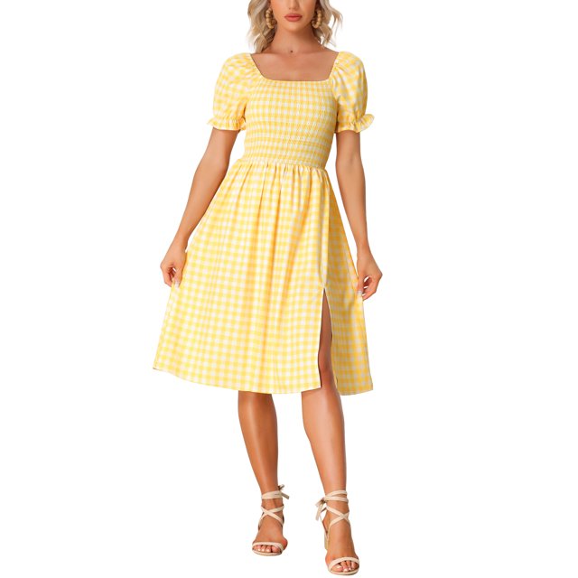 INSPIRE CHIC Robe Smockée pour Femme à Carreaux Vichy, Encolure Carrée, Manches Courtes, Décontractée, Jaune, TP