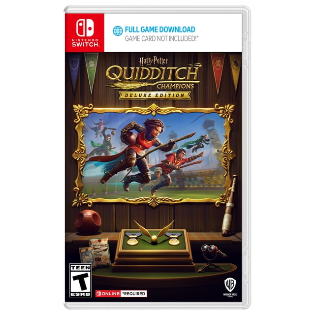 Harry Potter: Champions de Quidditch Édition de Luxe Nintendo Switch Couverture de Jeu Montrant des Joueurs de Quidditch Animés en Uniformes Rouges et Verts Volant sur des Balais à l'Intérieur d'Un Cadre Orné Doré, avec des Souvenirs de Quidditch Incluant un Trophée de snitch Doré, des Médailles, une Balle de Quaffle et un Télescope sur une Tablette en Bois en Dessous, des Bannières de Maison en Arrière-Plan, et l'Image de Marque Nintendo Switch avec Avis de Téléchargement Complet du Jeu