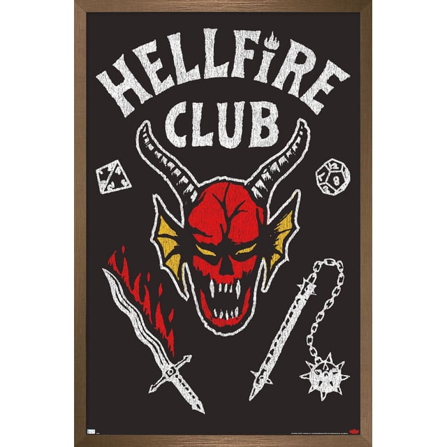 Netflix Stranger Things : Saison 4 - Affiche Murale Hellfire Club, 14,725 Po x 22,375 Po Encadrée, Représentant un Crâne de Démon Rouge avec des Yeux et des Palmes Jaunes, des Cornes Blanches, une Épée Flamboyante, un Fléau à Picots et un dés Polyédrique Blanc sur Fond Noir, Convient à l'Art Mural et à la Déco de Chambre à Thème.