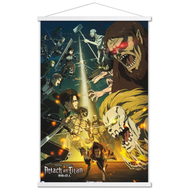 Attack on Titan : Saison 4 - Affiche Murale Key Visual 3 avec Cadre Magnétique, 22,375 Po x 34 Po Représentant des Oeuvres Murales d'Anime de titans et de Soldats Se Battant Près d'Une Tour à Picots, Imprimée sur Papier Lustré, Convient à la Déco de la Maison et aux collections de Fans.