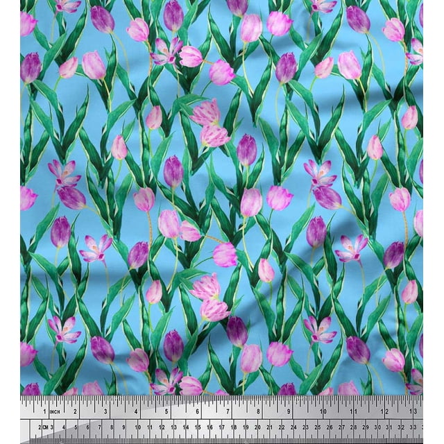 Soimoi Polyester Crepe Fabric Leaves & Tulip Floral Fabric Prints by Yard 42 Inch Wide