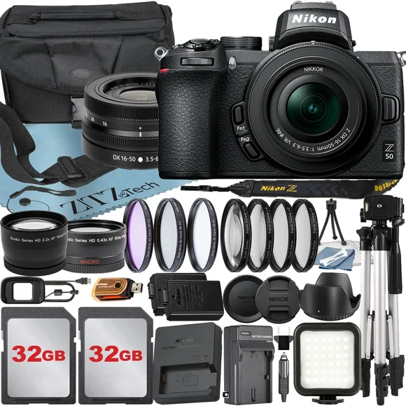 Nikon Z50 Mirrorless Camera with NIKKOR Z DX 16-50mm VR Zoom Lens + 32GB Card + Case + Telephoto + Tripod + ZeeTech Accessory Bundle
