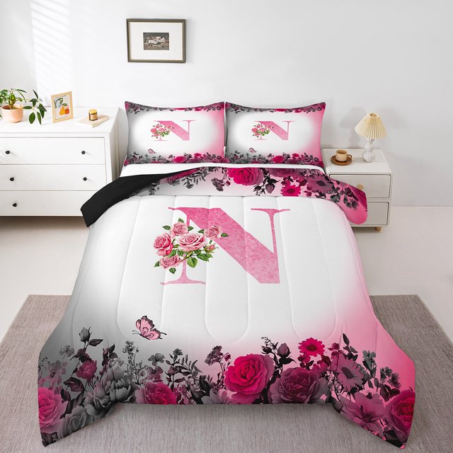 Erosebridal Ensemble de Couette Simple à Initiale de Lettre, Couette en Duvet Personnalisée Monogrammée, Déco Florale, Réversible, Légère, 2 Pcs