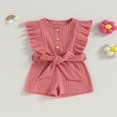 thumbnail image 2 of Toddler Baby Girl Clothes Rompers Ribbed Ruffle Sleeveless Button Belted Romper Short Jumpsuit Summer Outfit Brick Red 12-18 Months, 2 of 7