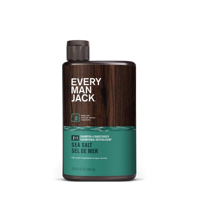 Every Man Jack 2 en 1 Shampooing + Revitalisant Sel de Mer Bouteille de 400 ml avec Moitié Supérieure à grain de Bois Foncé et Moitié Inférieure Turquoise, Fait avec des Ingrédients d'Origine Naturelle pour Rafraîchir Quotidiennement les Cheveux et le Cuir Chevelu, avec Texte Bilingue Anglais et Français.
