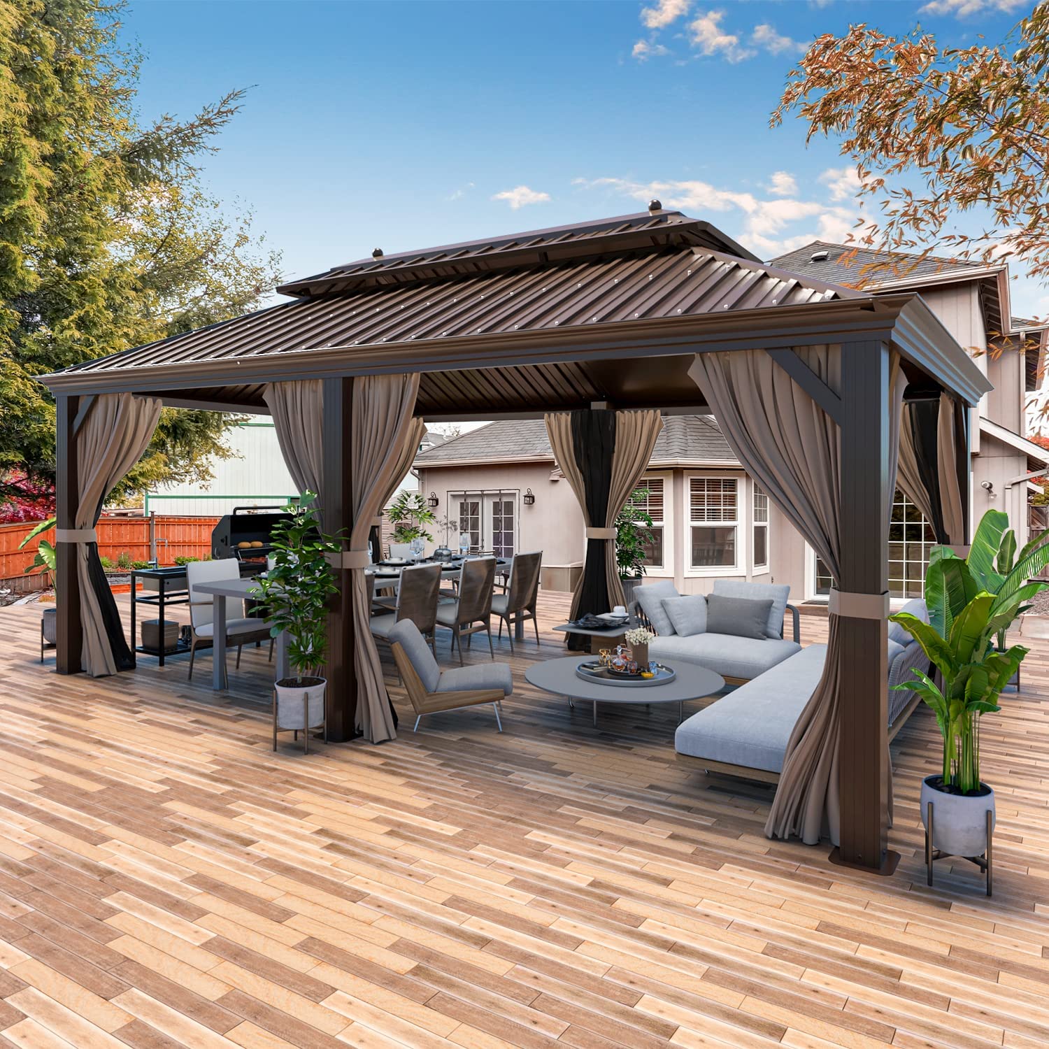 Hommow Pavillon à Toit Rigide 12 Pieds x 20 Pieds en Acier Galvanisé pour l'Extérieur, Brun