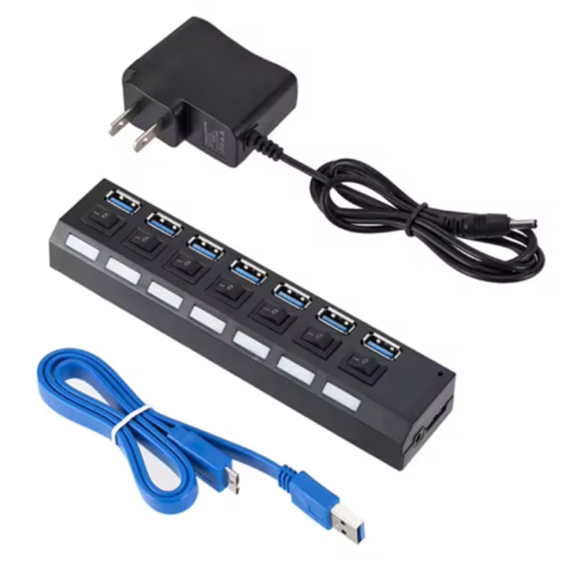 MultiPorts USB HUB 3.0 7Ports Portable SuperSpeed 5Gbps Multiple USB Port Expander with Switches PowerAdapter for PC(US),1 * 7-port UsB 3.0 hub 1 * USB adapter cable 1 * US power supply,Black