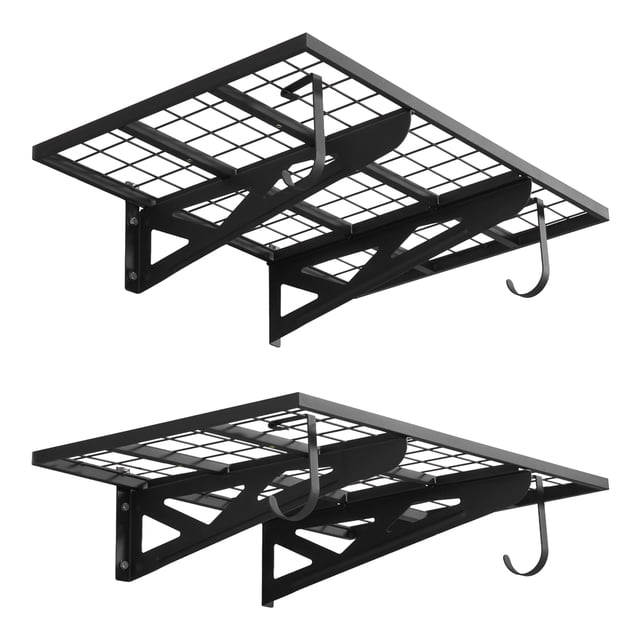 VEVOR 2-Tier Heavy Duty Wall Garage Shelving, 2 x 3 ft Steel Wall Mounted Shelving Unit with Hooks, 24 x 36 Inch Per Shelf Floating Storage Metal Rack for Garage, 500 lbs Total Weight Capacity, Black