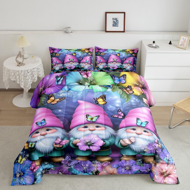 Christmas Gnome Comforter Set Cartoon Santa Claus King Bedding Set,Rustic Butterfly Down Comforter Rainbow Flowers Quilt Set,Xmas Dwarf Gnome Christmas Decorations