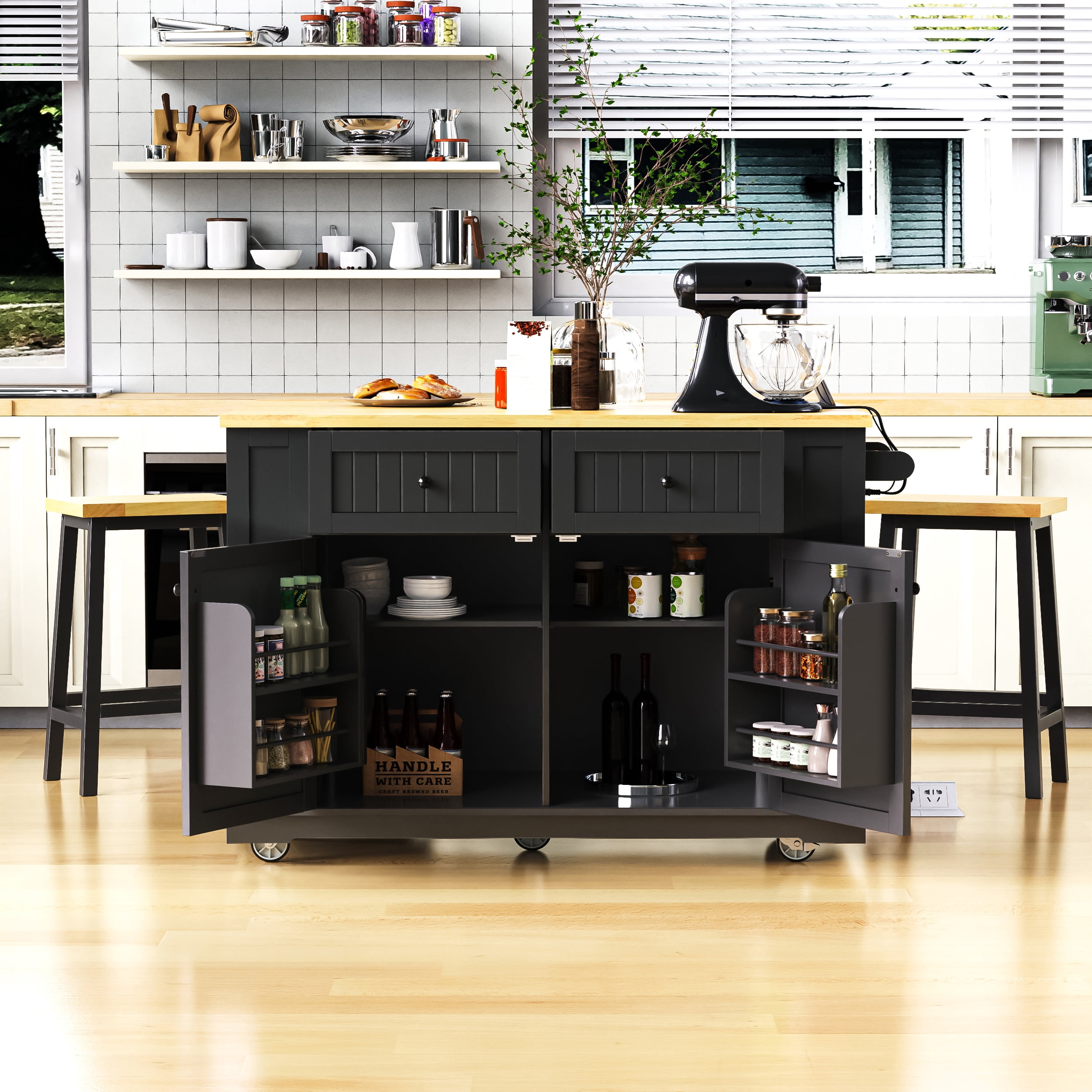 Noble House 48" Large Kitchen Island with Drop Leaf,5 Wheels 5 Open Side Racks,White
