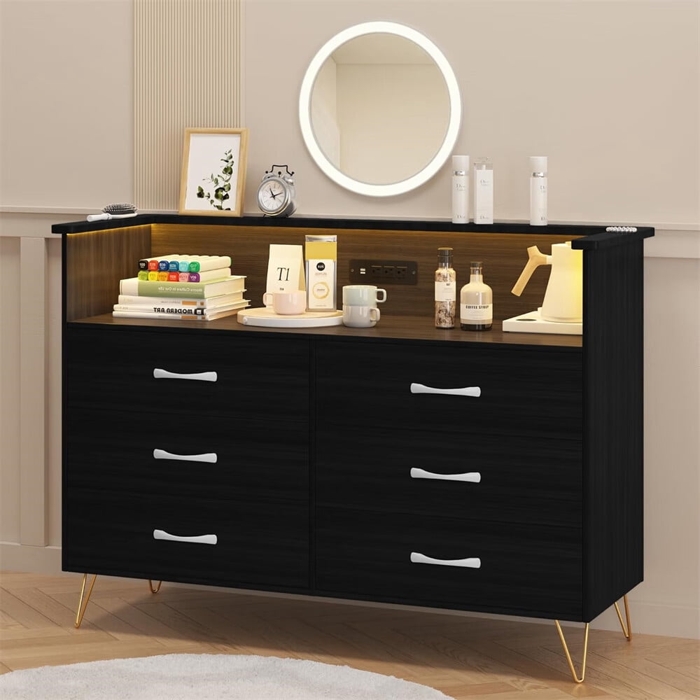 Zzistar 6 Drawer Dresser with LED Light, Wood Large Double Dresser with 6 Wide Drawers and Charging Station, Modern Chests of Drawers