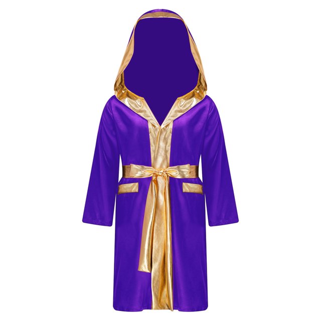 CHICTRY Garçons Enfants Robe de Boxe à Capuche Tenue de Boxe Manches Longues Garniture Métallique Peignoir en Satin avec Ensemble de Shorts Violet 14