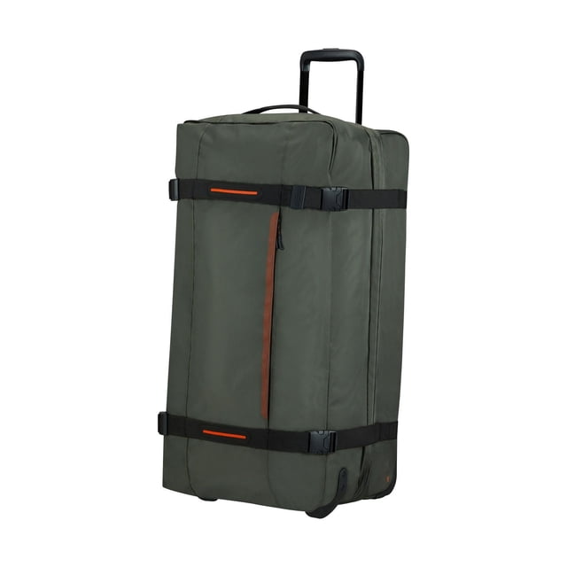 American Tourister Urban Track 31 Duffle in dark olive green with black dual compression straps and orange accents, featuring a vertical front zipper pocket, smooth-rolling inline skate wheels, telescoping handle, and made from recycled PET fabrics for durability, suitable for sports and travel.