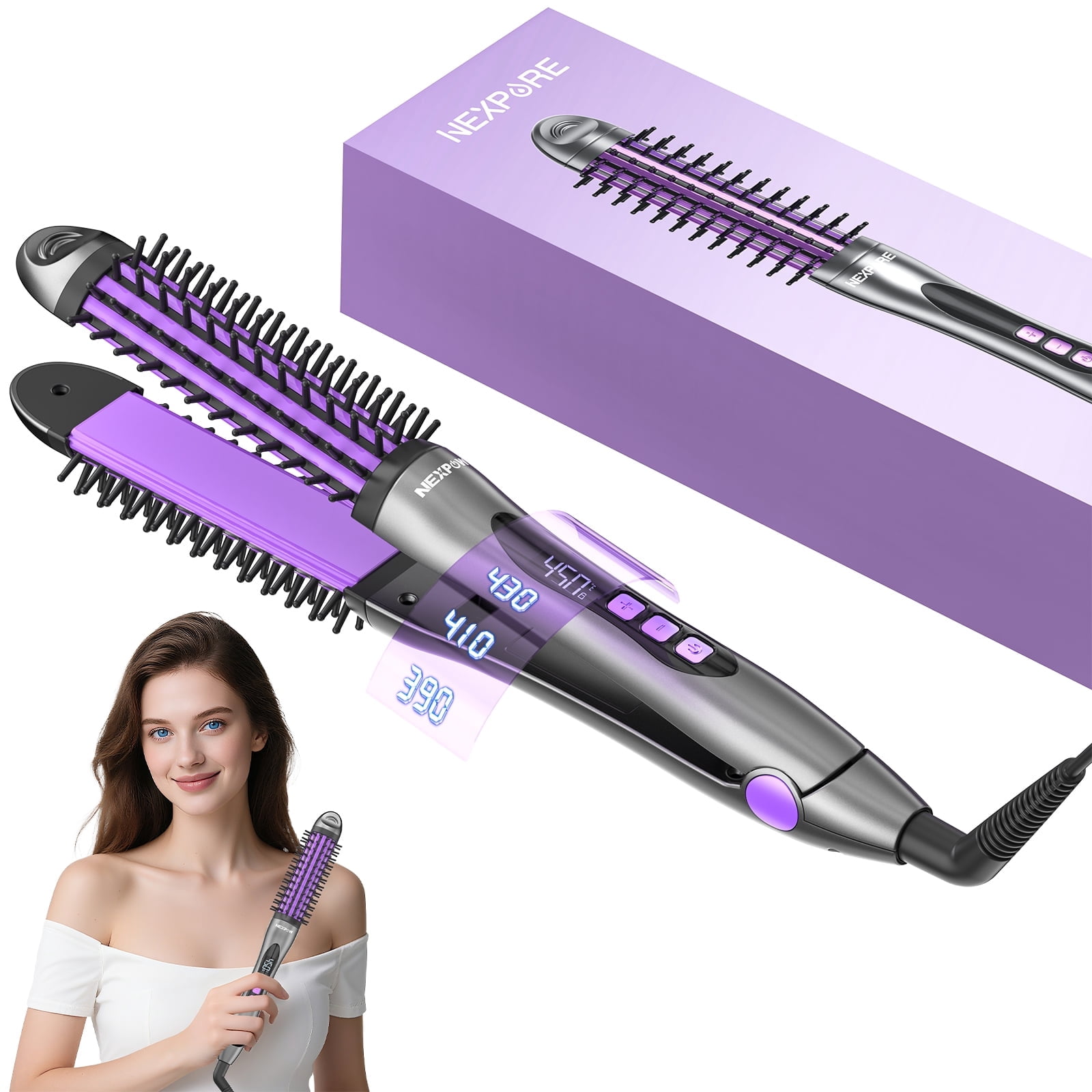 NEXPURE 2-in-1 Curling Iron & Hair Straightener Brush, Hair Iron Brush, Anti-Scald Thermal Brush with 30s Fast Heating, 11 Adjustable Temperature Settings, Negative Ion, Purple