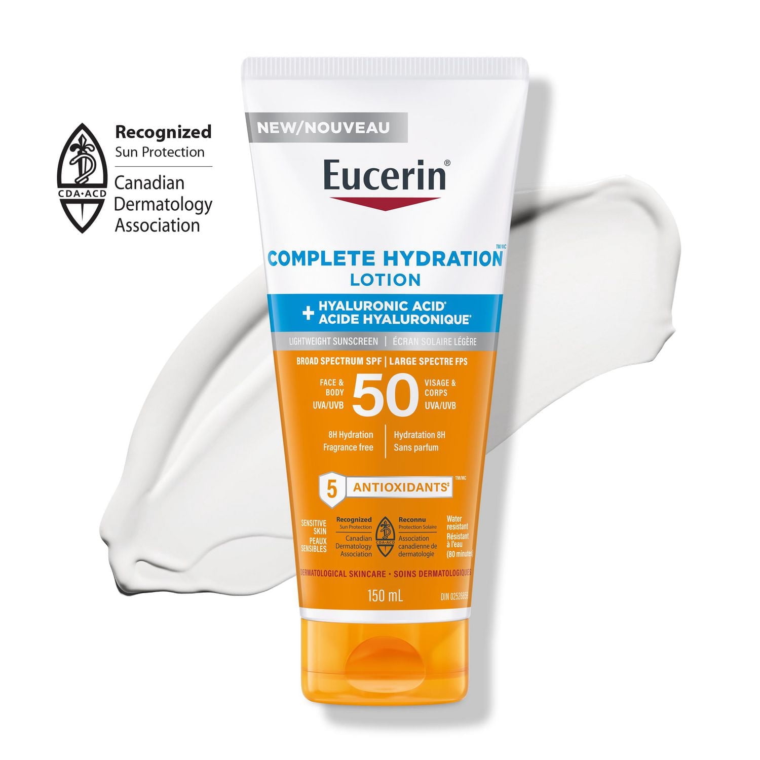 Écran Solaire pour corps et visage Eucerin Sun Hydratation complète avec FPS 50, 150 ml | Lotion solaire avec acide hyaluronique et 5 antioxydants