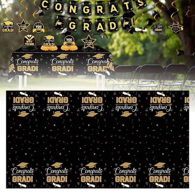 Graduation Decorations 2026 Set Black Gold, Congrats Grad Decor Set with Banner Backdrop Porch Sign,Hanging Swirls Honeycomb Centerpieces Balloons for Grad Party Decorations