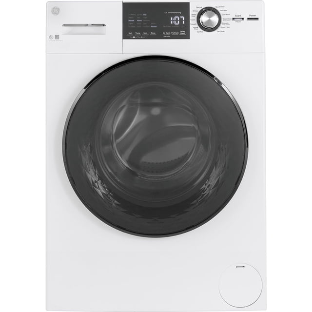 GE® 2.8 IEC Cu. Ft. Front Load Washer with Steam White - GFW148SSMWW. This front load washing machine features a white finish, a stainless steel wash basket, and a central knob with digital buttons for control. It offers 14 wash cycles, including steam wash, sanitize, and quick wash options. Energy Star certified for efficiency, it includes a child lock, multi-dispenser, and precise fill water levels. The compact design is under 24 inches wide, suitable for modern laundry spaces.