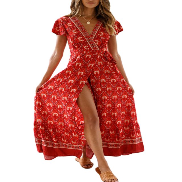 Femmes V-Cou Floral Split Robe Boho Été Plage Décontracté Longue Robe de Soleil