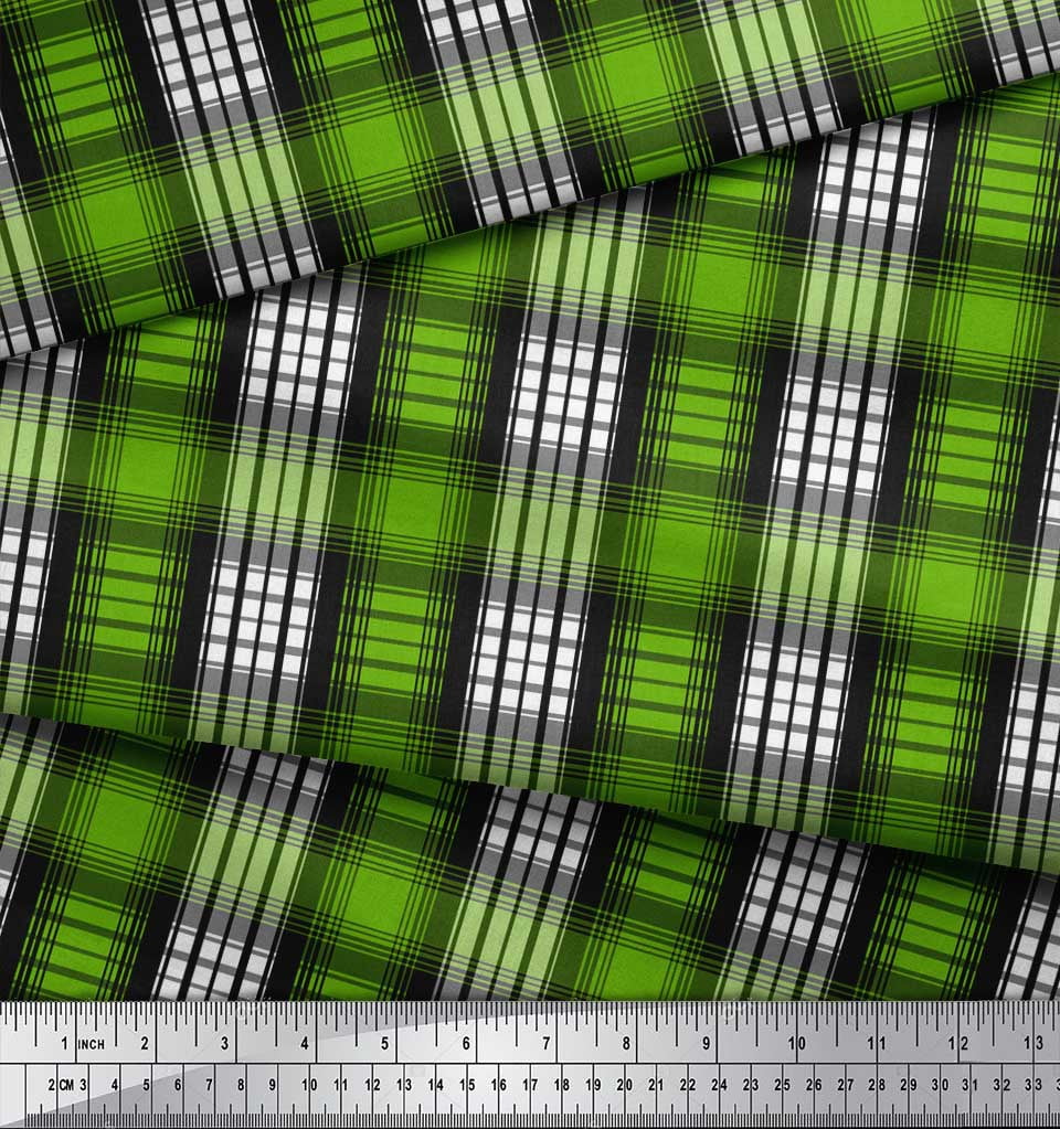 Soimoi Green Georgette Viscose Fabric Plaid Check Print Fabric by the Yard 42 Inch Wide