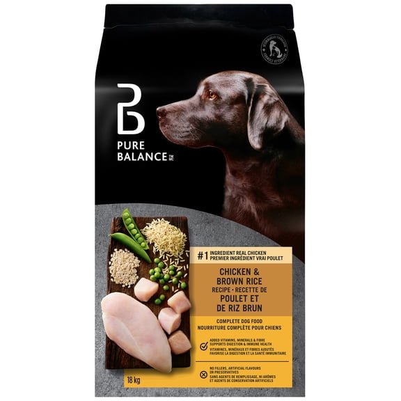 Nourriture complète pour chiens Recette de poulet et de riz brun Pure Balance, 18kg