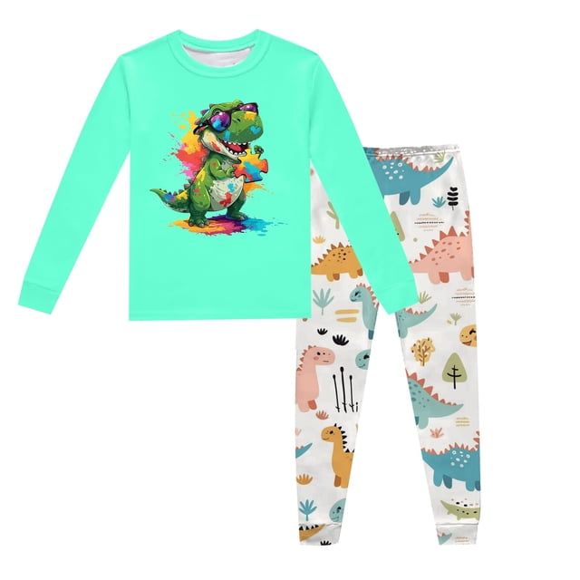 Pyjama pour Garçons, Enfants, Dinosaure Imprimé, Col Rond, Haut à Manches Longues, Pantalon, Ensemble de Pyjama 2 Pcs, Printemps Automne, Pyjama pour Enfants, Vert Menthe, 6 Ans-7 Ans