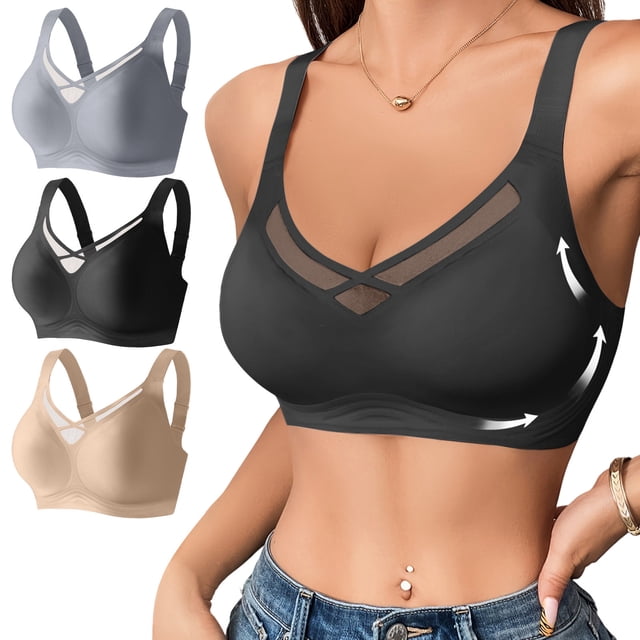 Kyusrd Plus Size Cut-Off Seamless Bra For Women'S 3Pcs Supportive Full Coverage Wireless Bralette Bra Adjustable Shoulder Straps Bra Soild Color Everyday Athletic Sport Bra
