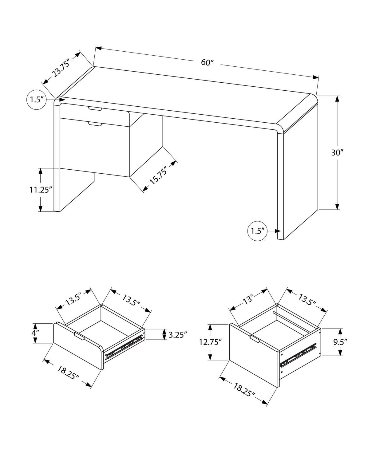 Monarch Specialties Bureau, Bureau À Domicile, Ordinateur Portable, Configuration Gauche, Droite, Tiroirs De Rangement, 60"l, Travail, Stratifié, Blanc Lustré, Contemporain, Moderne