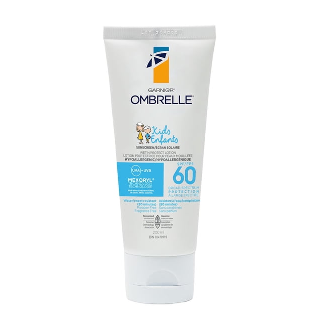 Ombrelle Kids Sunscreen SPF 60 in a white 200 ml tube with flip cap, featuring blue and orange branding, providing broad-spectrum UVA and UVB sun care protection for children, water-resistant for 80 minutes, hypoallergenic, fragrance and paraben-free, ideal for sensitive skin during outdoor activities.