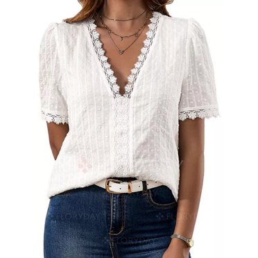 Honganda T-shirt en Dentelle à Manches Courtes Jacquard Solide pour Femmes