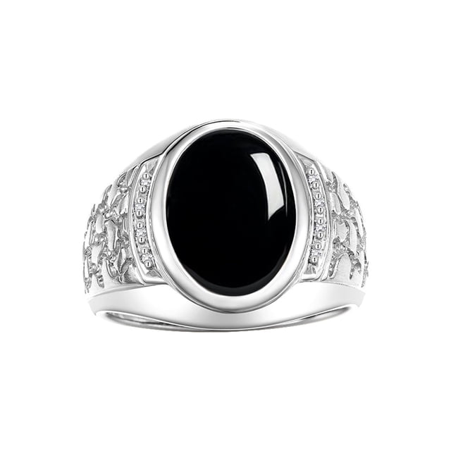 RYLOS Men's Rings 14K White Gold Nugget Ring with Cabochon Gemstone & Diamonds Cabochon Onyx Rings For Men Size 9