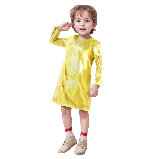 LUOGENLI Robe à Paillettes pour Enfants Manches Longues Col Rond Robe Droite T-Shirt Robe pour Filles 2025 Élégante Classe Or 13-14 Ans