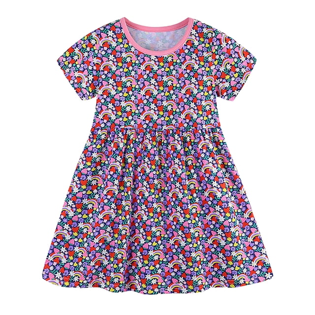 WEAIXIMIUNG Robes Longues pour Adolescentes Vacances Robe à Manches Courtes Imprimés Robes de Danse Vêtements 4-5 Ans
