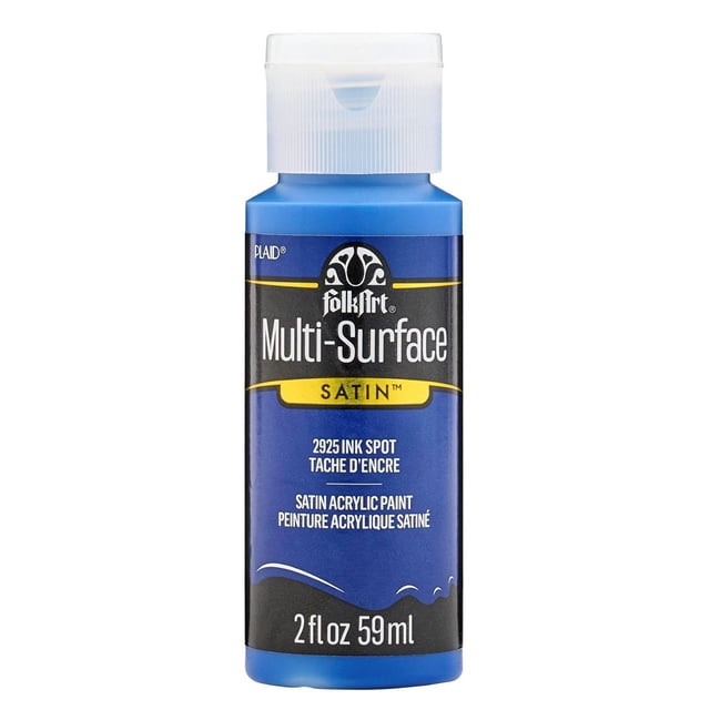 FolkArt Multi-Surface Satin Acrylic Paint 2 fl. oz. bottle in Ink Spot blue with a white flip-top cap, water-based and non-toxic, suitable for smooth application on wood, canvas, glass, fabric, and ceramics with a satin finish ideal for indoor and outdoor crafts.