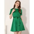 thumbnail image 2 of INSPIRE CHIC Robe Satinée à Manches Courtes Bouffantes pour Femme, Col Montant à Volants, Taille à Nouer, Vert, TP, 2 of 5