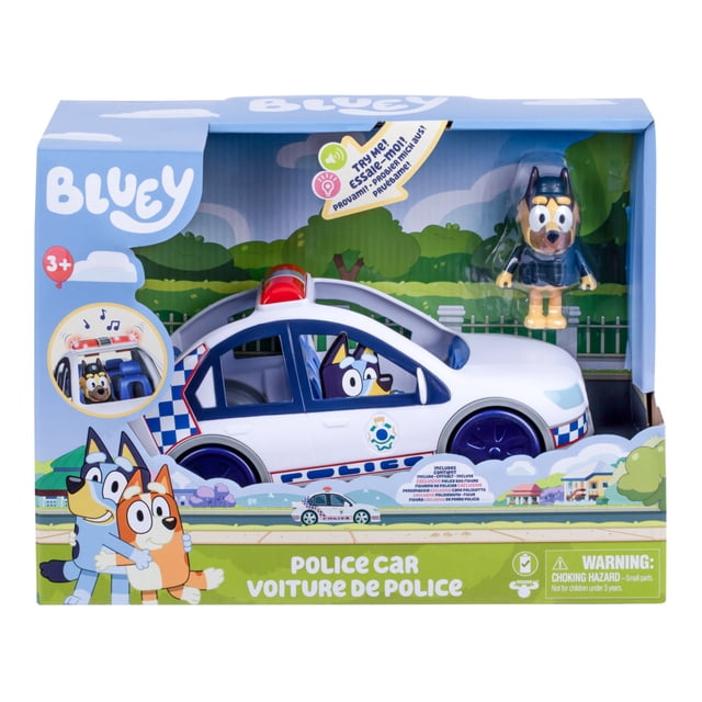 Bluey Police Car with Collectible Police Dog figure, Features Lights & Sounds, Age 3+ front-facing blue-and-white toy police car with lights and sounds and visible speaker grille; includes articulated 6.35 cm Police Dog figure seated in the cabin and a sticker sheet for customization, designed for preschool hands and often used as a small display piece for collectors.